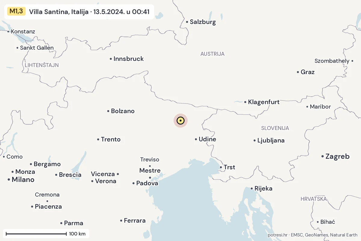 Karta: šire područje, 600 km, potres M1,3, Villa Santina, Italija, 13.5.2024.