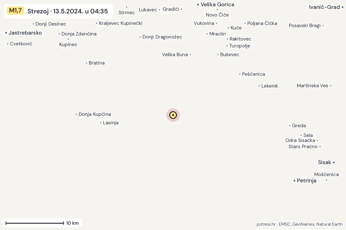 Karta: okolica epicentra, 60 km, potres M1,7, Strezoj, 13.5.2024.