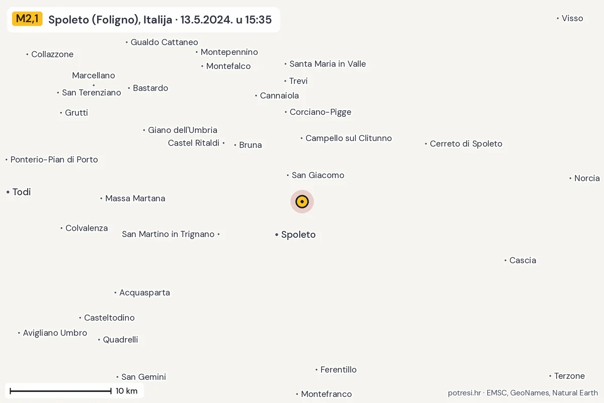 Karta: okolica epicentra, 60 km, potres M2,1, Spoleto (Foligno), Italija, 13.5.2024.