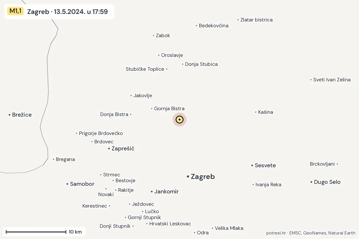 Karta: okolica epicentra, 60 km, potres M1,1, Zagreb, 13.5.2024.