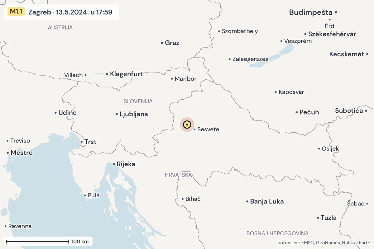 Karta: šire područje, 600 km, potres M1,1, Zagreb, 13.5.2024.