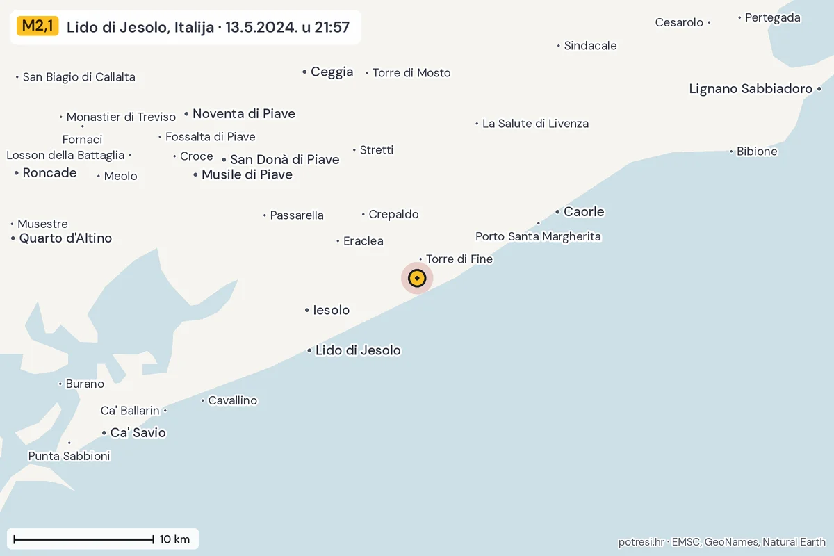 Karta: okolica epicentra, 60 km, potres M2,1, Lido di Jesolo, Italija, 13.5.2024.