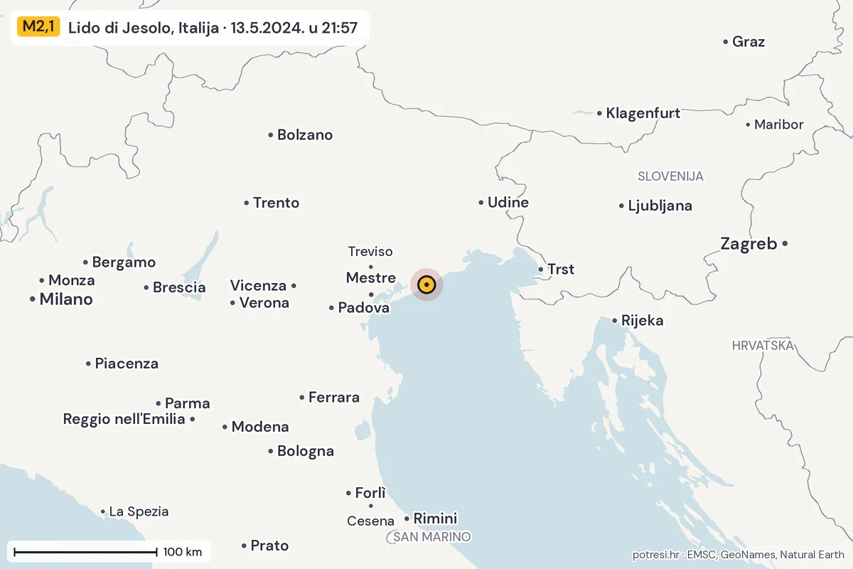 Karta: šire područje, 600 km, potres M2,1, Lido di Jesolo, Italija, 13.5.2024.
