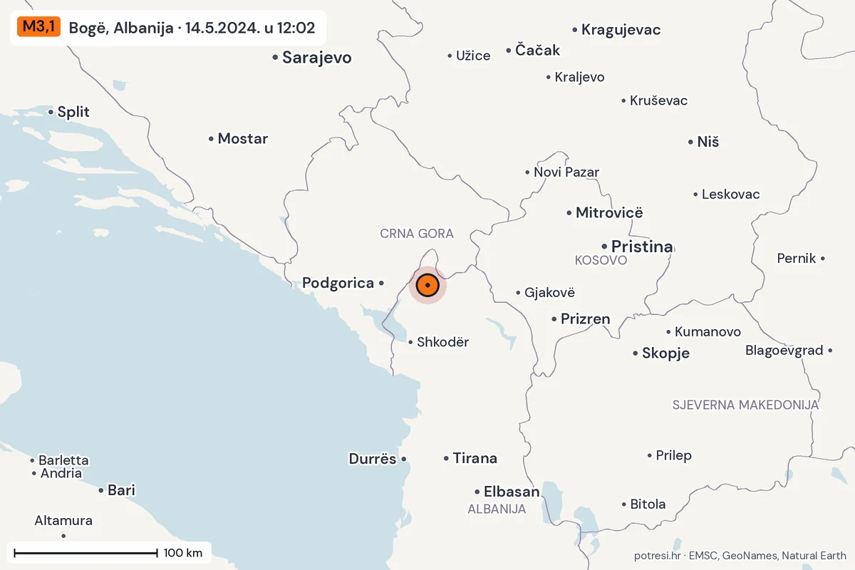 Karta: šire područje, 600 km, potres M3,1, Bogë, Albanija, 14.5.2024.