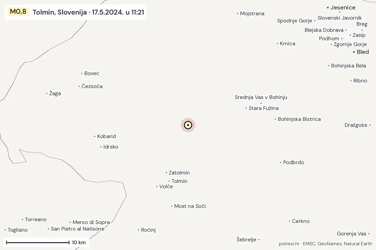 Karta: okolica epicentra, 60 km, potres M0,8, Tolmin, Slovenija, 17.5.2024.