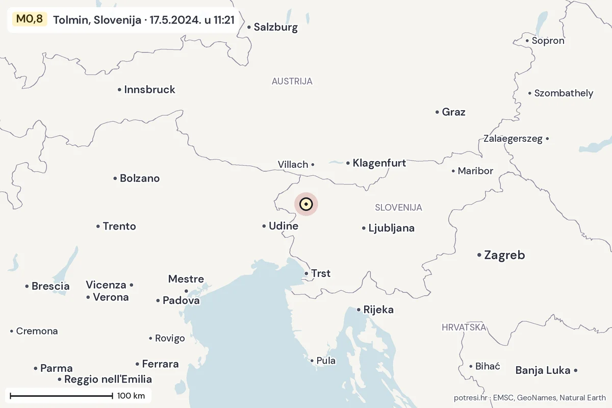 Karta: šire područje, 600 km, potres M0,8, Tolmin, Slovenija, 17.5.2024.