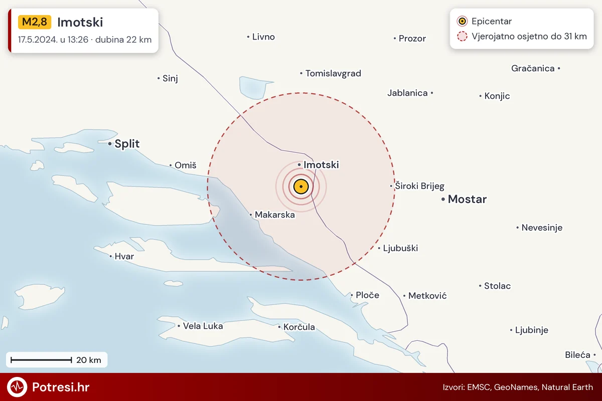 Karta: šire područje i vjerojatni doseg osjeta, potres M2,8, Imotski, 17.5.2024.