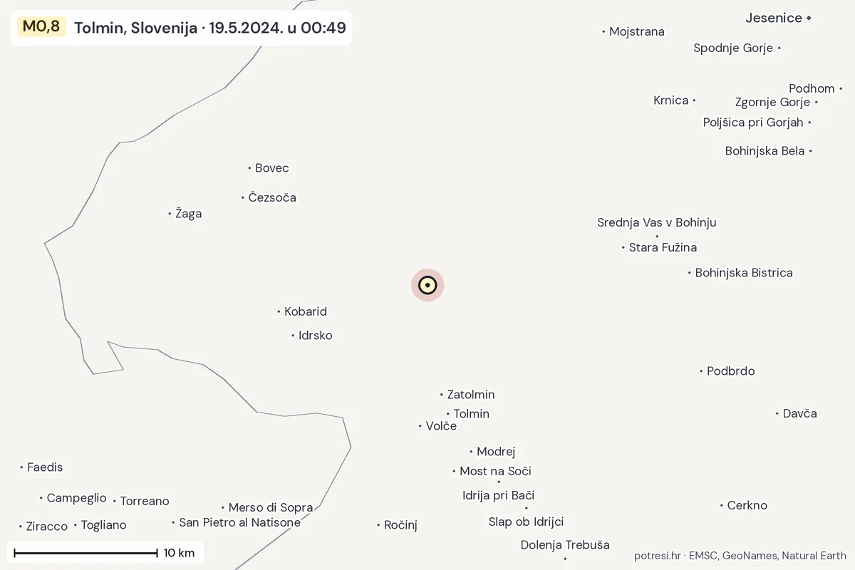 Karta: okolica epicentra, 60 km, potres M0,8, Tolmin, Slovenija, 19.5.2024.