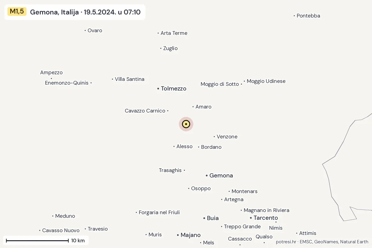 Karta: okolica epicentra, 60 km, potres M1,5, Gemona, Italija, 19.5.2024.
