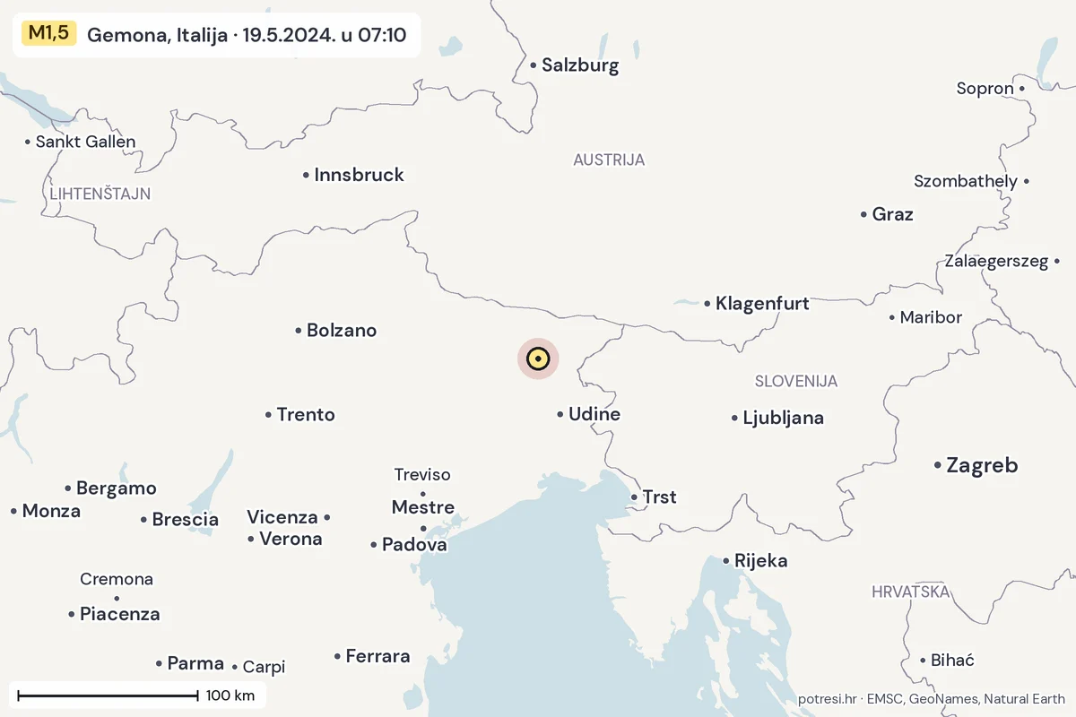 Karta: šire područje, 600 km, potres M1,5, Gemona, Italija, 19.5.2024.