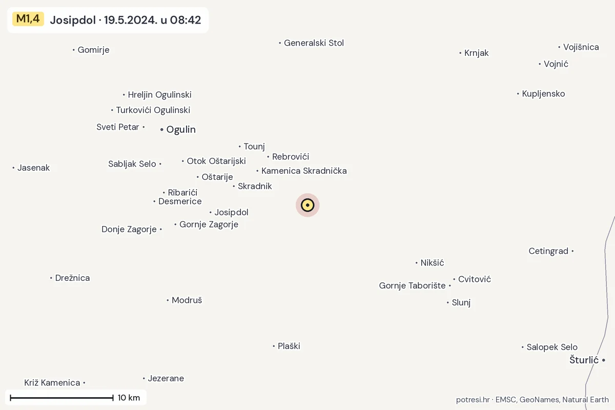 Karta: okolica epicentra, 60 km, potres M1,4, Josipdol, 19.5.2024.