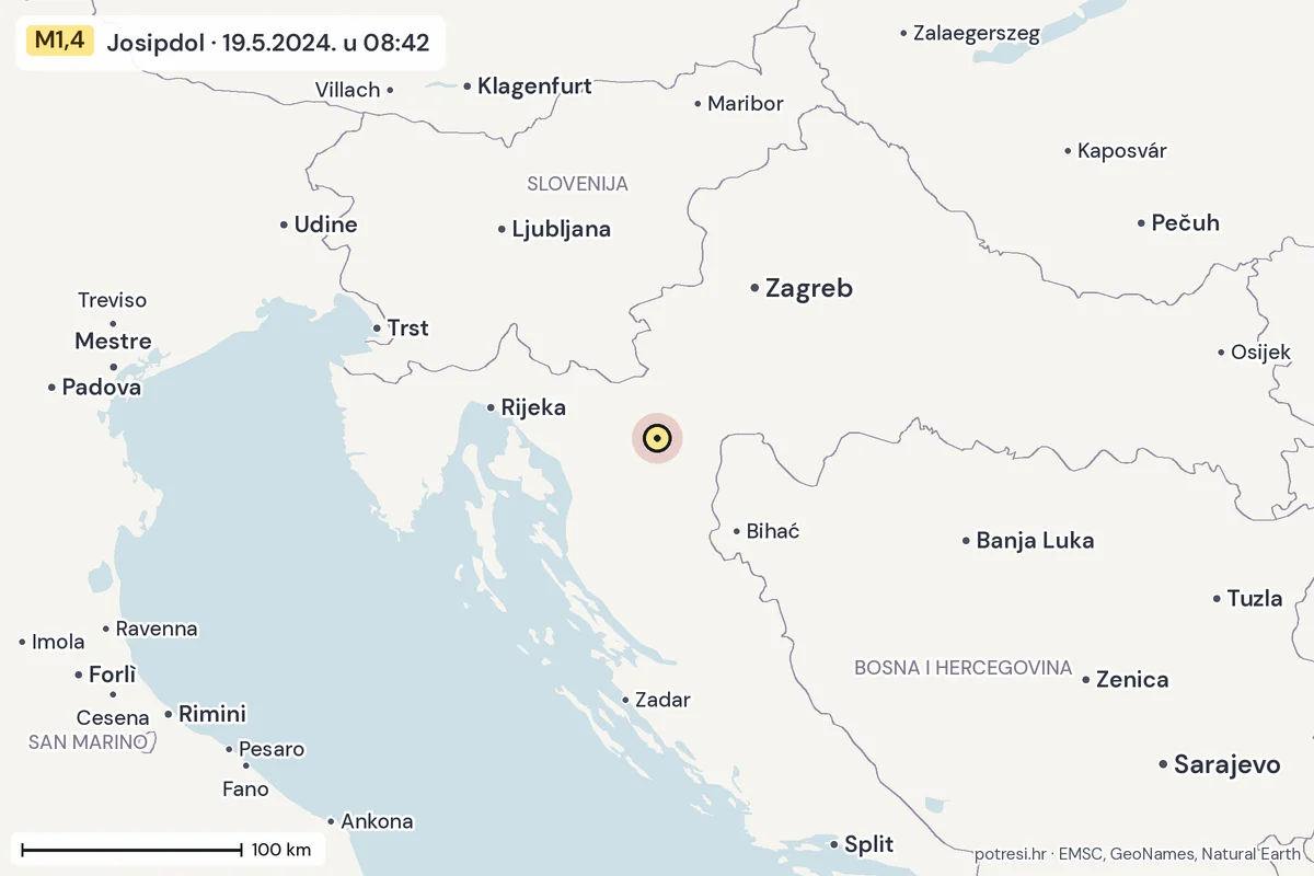 Karta: šire područje, 600 km, potres M1,4, Josipdol, 19.5.2024.