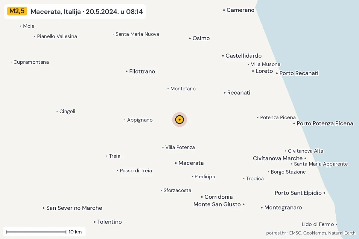 Karta: okolica epicentra, 60 km, potres M2,5, Macerata, Italija, 20.5.2024.