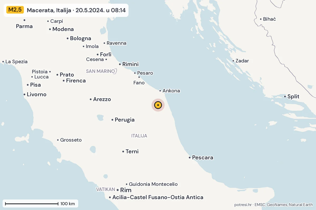 Karta: šire područje, 600 km, potres M2,5, Macerata, Italija, 20.5.2024.