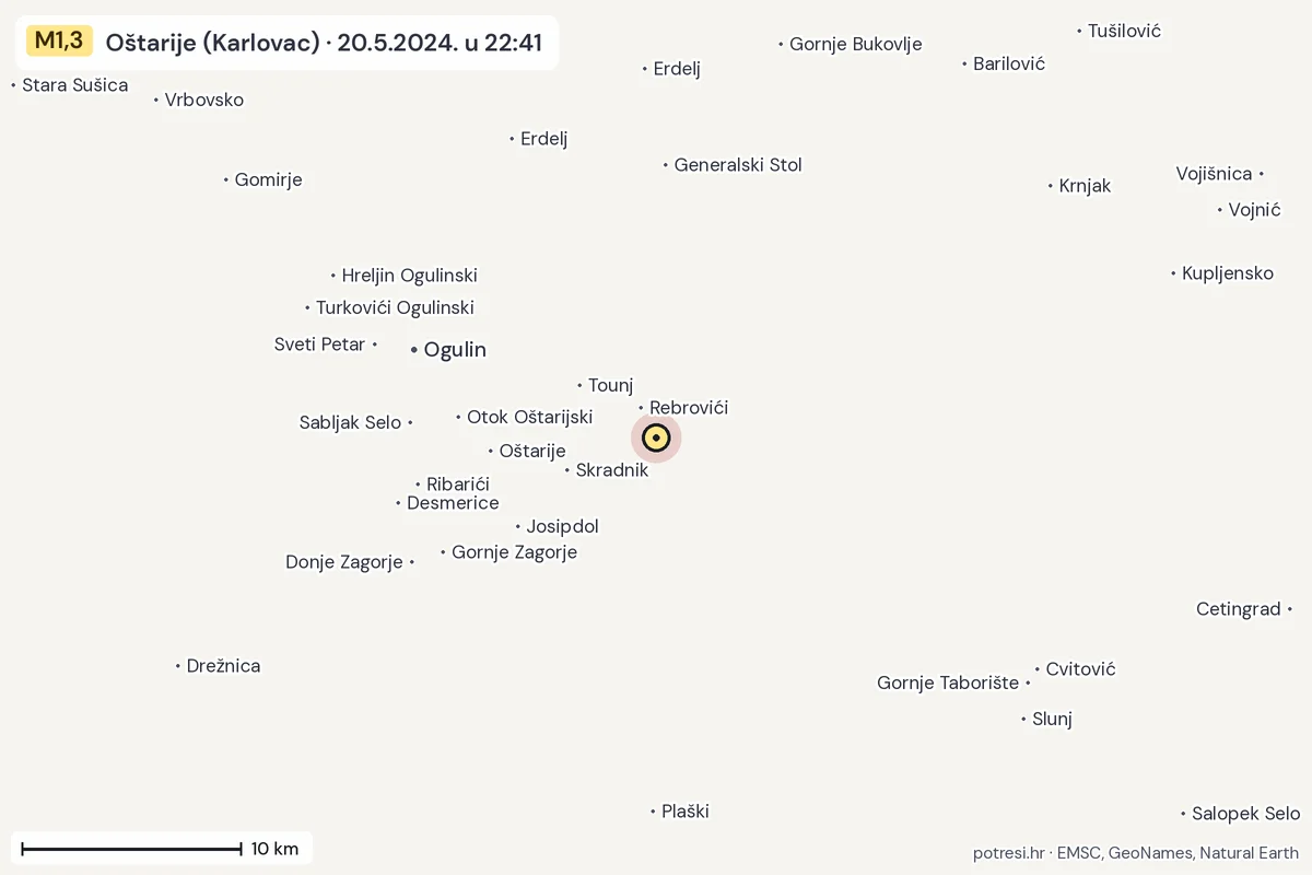 Karta: okolica epicentra, 60 km, potres M1,3, Oštarije (Karlovac), 20.5.2024.