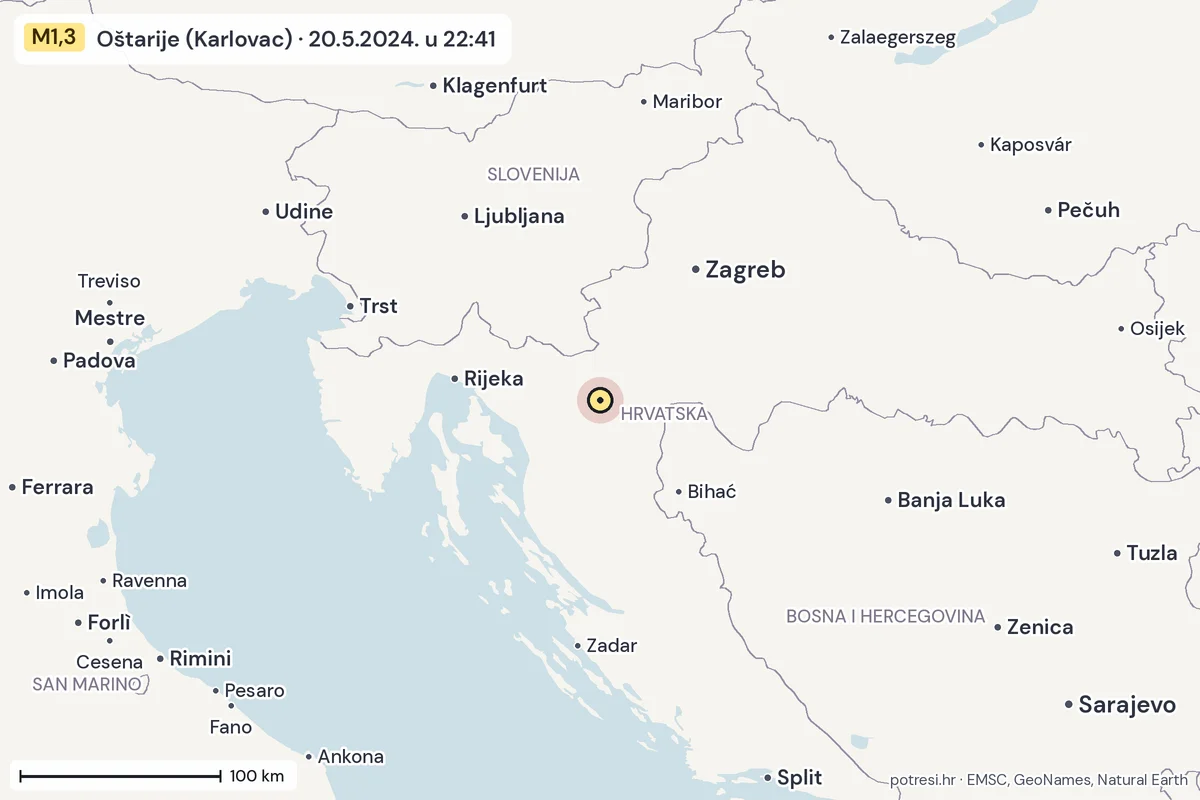 Karta: šire područje, 600 km, potres M1,3, Oštarije (Karlovac), 20.5.2024.