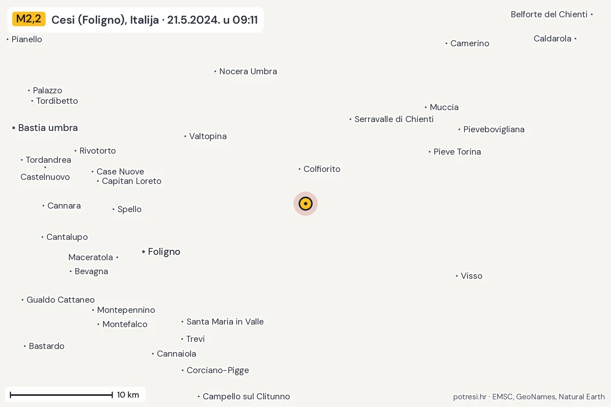 Karta: okolica epicentra, 60 km, potres M2,2, Cesi (Foligno), Italija, 21.5.2024.