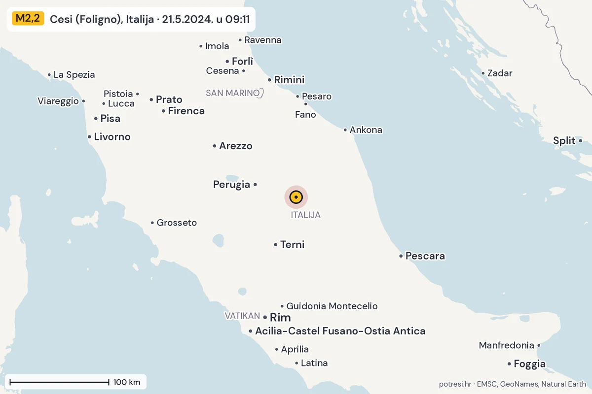 Karta: šire područje, 600 km, potres M2,2, Cesi (Foligno), Italija, 21.5.2024.