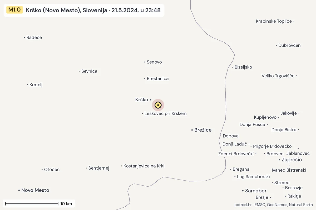 Karta: okolica epicentra, 60 km, potres M1,0, Krško (Novo Mesto), Slovenija, 21.5.2024.