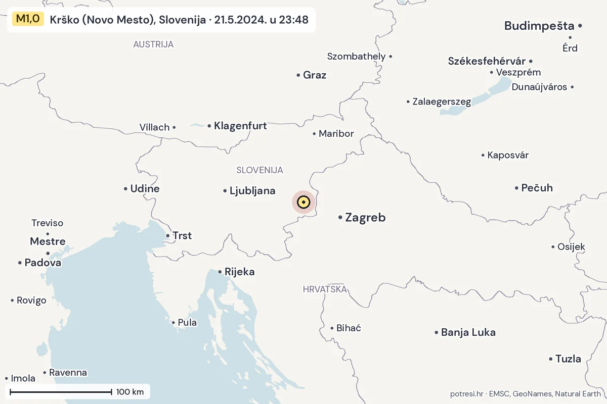 Karta: šire područje, 600 km, potres M1,0, Krško (Novo Mesto), Slovenija, 21.5.2024.