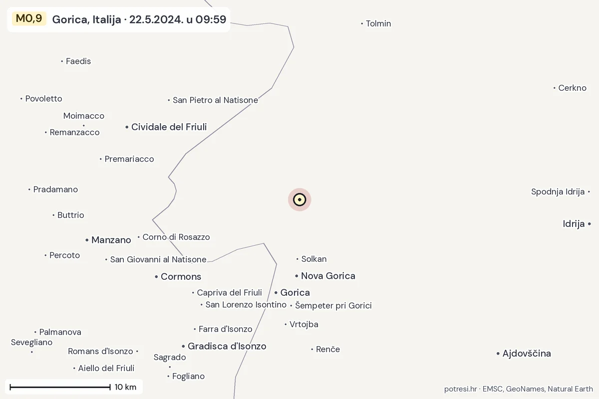 Karta: okolica epicentra, 60 km, potres M0,9, Gorica, Italija, 22.5.2024.