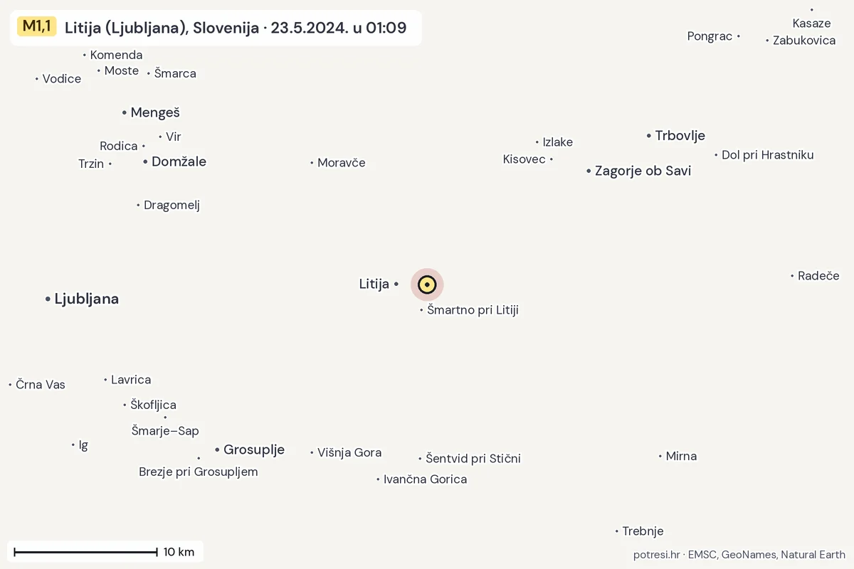 Karta: okolica epicentra, 60 km, potres M1,1, Litija (Ljubljana), Slovenija, 23.5.2024.