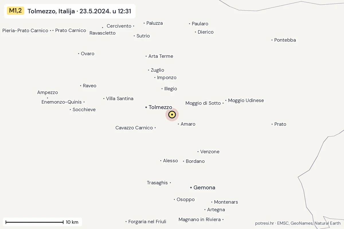 Karta: okolica epicentra, 60 km, potres M1,2, Tolmezzo, Italija, 23.5.2024.