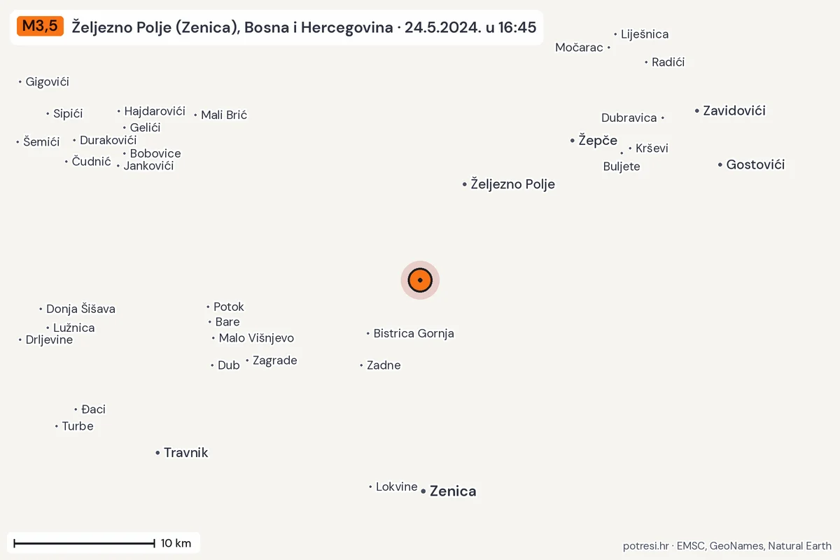 Karta: okolica epicentra, 60 km, potres M3,5, Željezno Polje (Zenica), Bosna i Hercegovina, 24.5.2024.