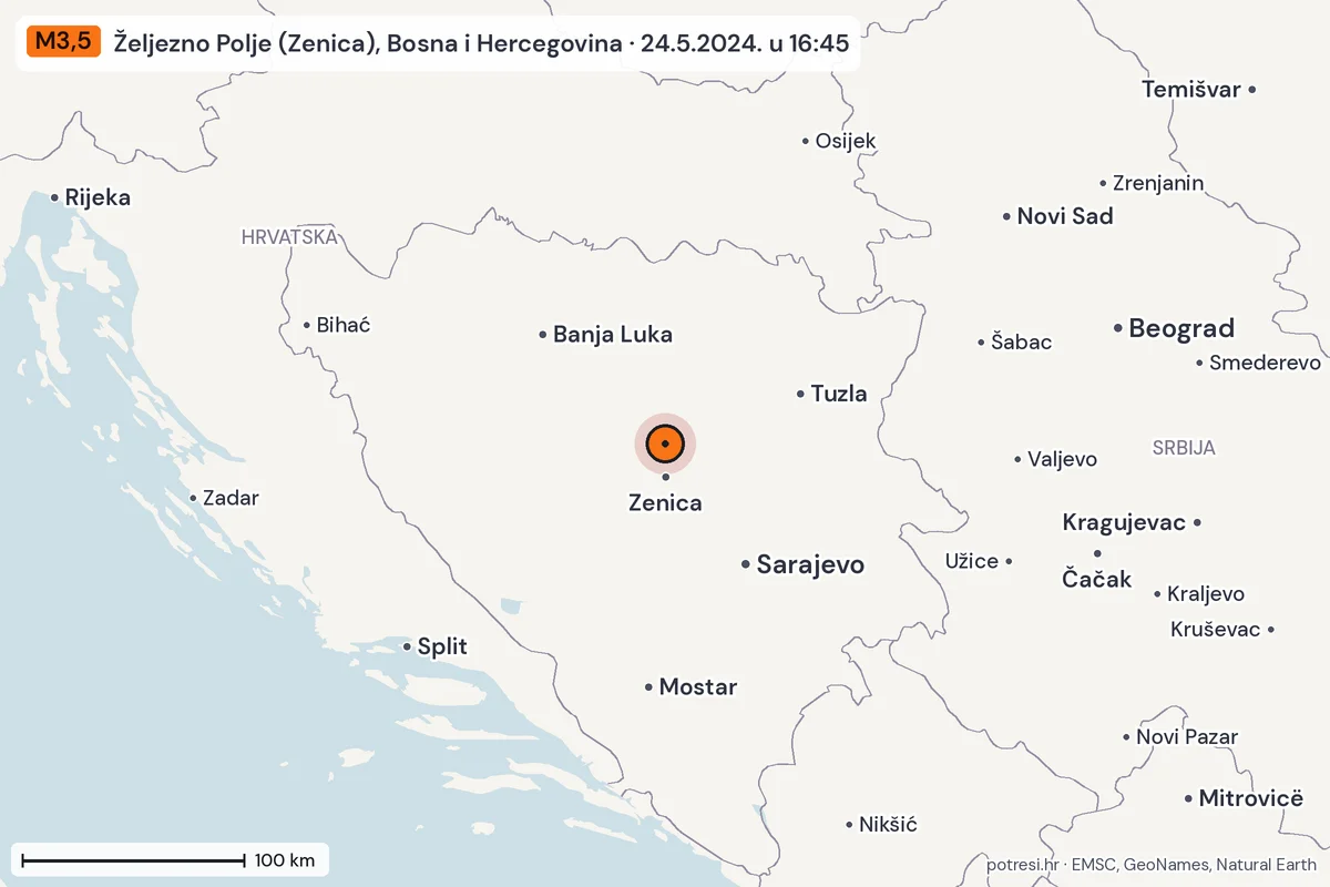 Karta: šire područje, 600 km, potres M3,5, Željezno Polje (Zenica), Bosna i Hercegovina, 24.5.2024.