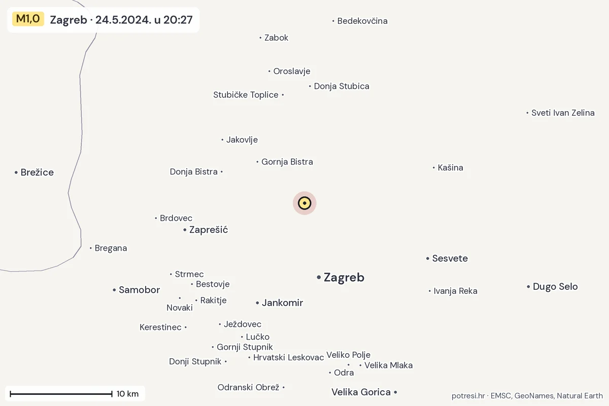 Karta: okolica epicentra, 60 km, potres M1,0, Zagreb, 24.5.2024.