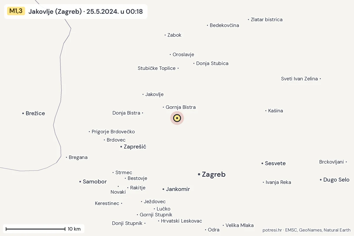Karta: okolica epicentra, 60 km, potres M1,3, Jakovlje (Zagreb), 25.5.2024.