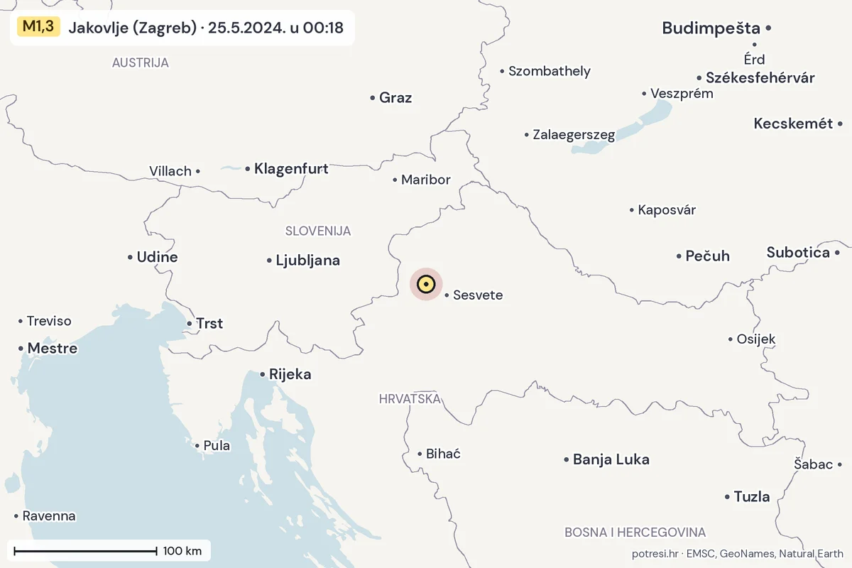 Karta: šire područje, 600 km, potres M1,3, Jakovlje (Zagreb), 25.5.2024.