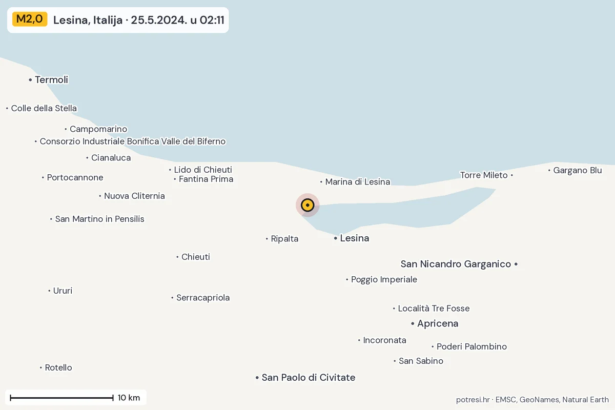 Karta: okolica epicentra, 60 km, potres M2,0, Lesina, Italija, 25.5.2024.