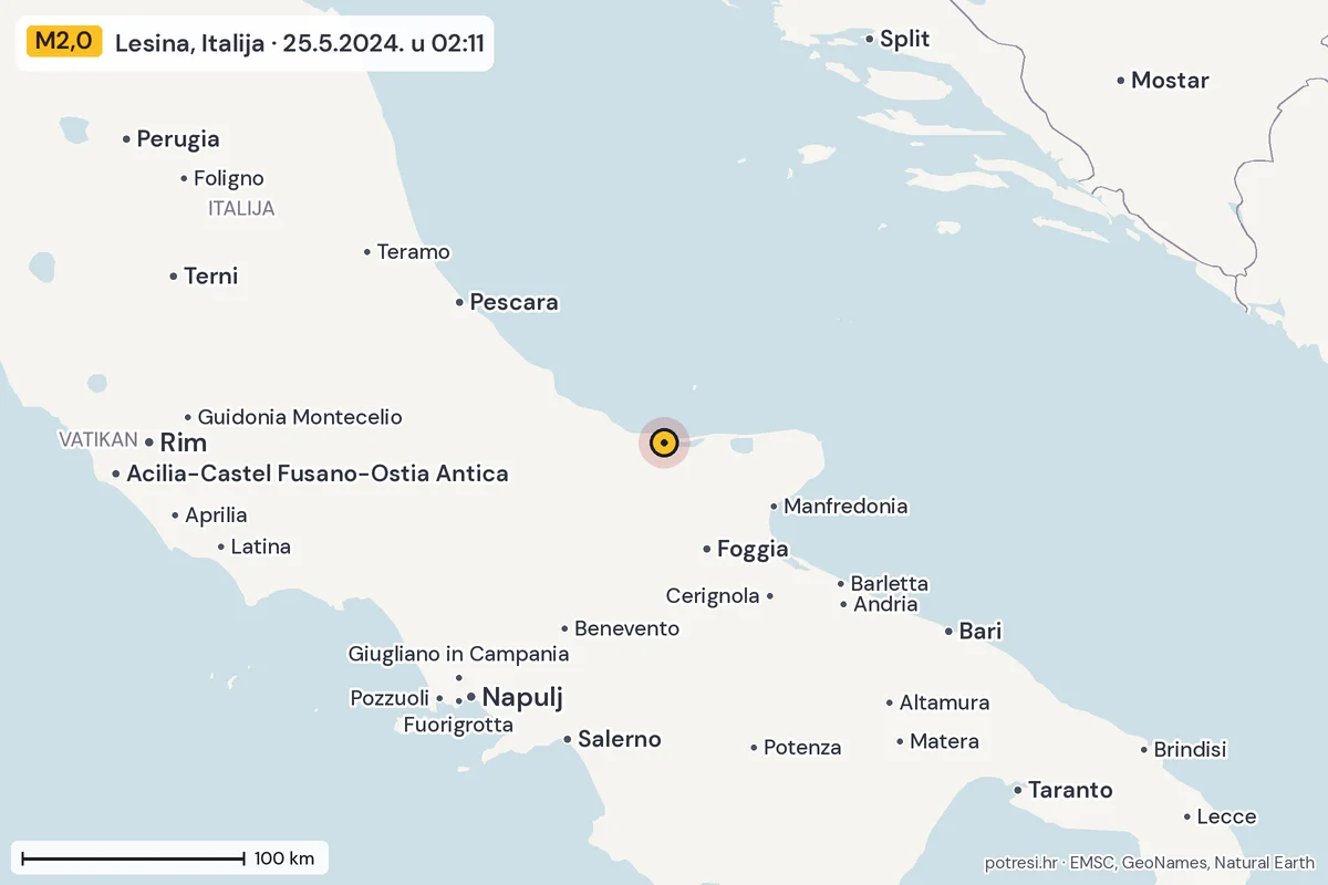 Karta: šire područje, 600 km, potres M2,0, Lesina, Italija, 25.5.2024.