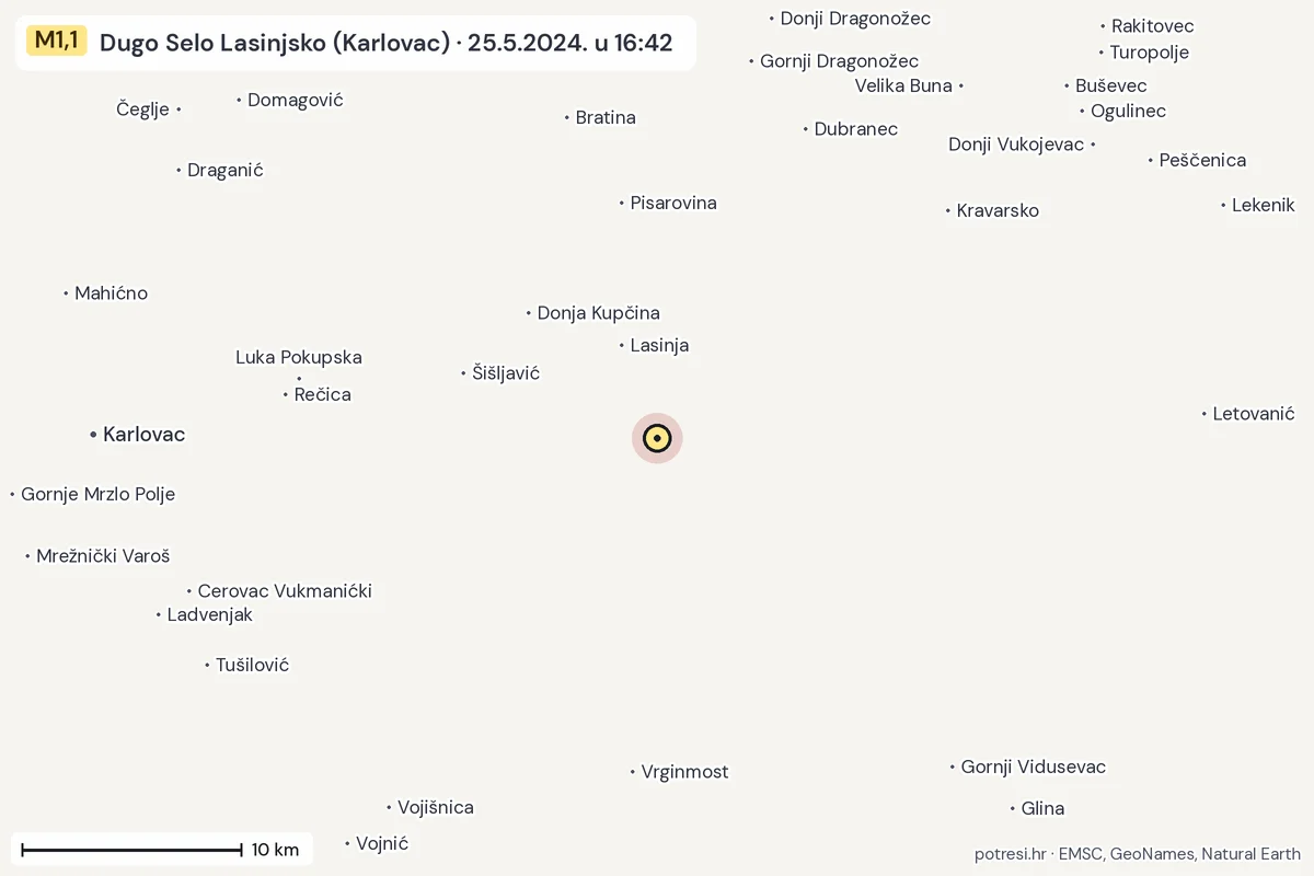 Karta: okolica epicentra, 60 km, potres M1,1, Dugo Selo Lasinjsko (Karlovac), 25.5.2024.