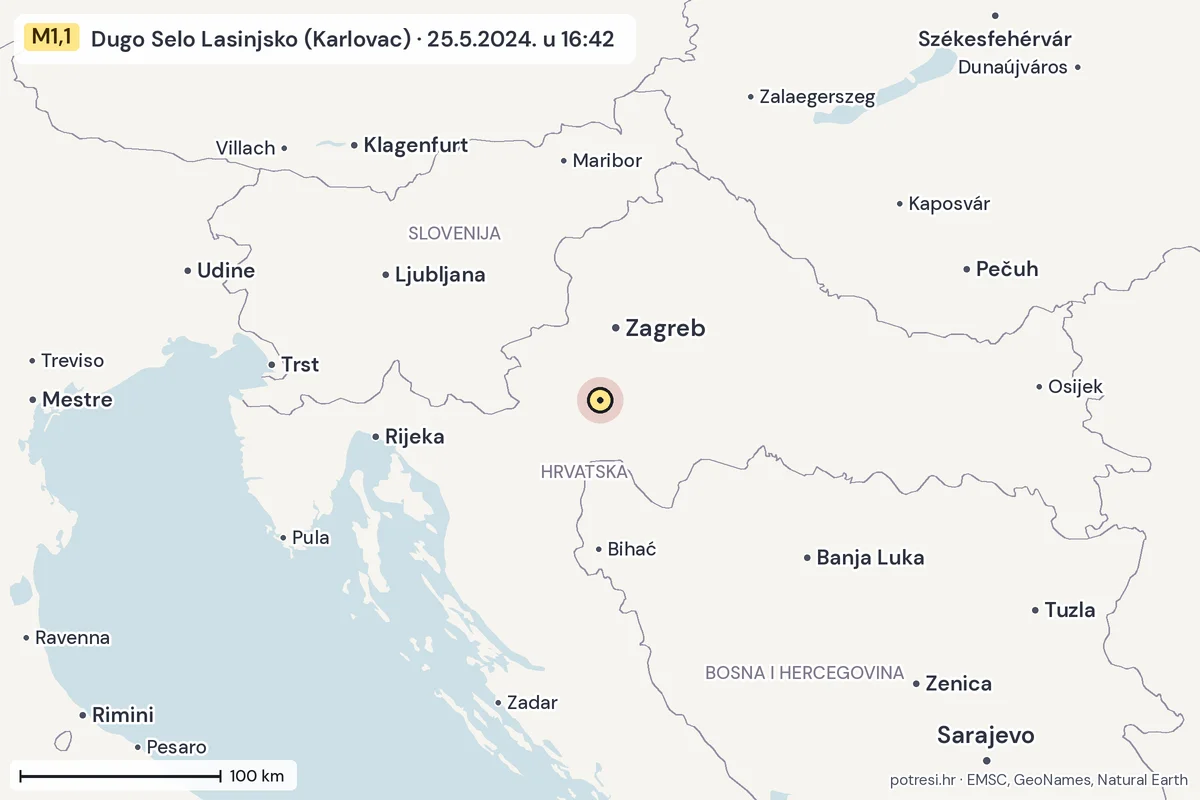Karta: šire područje, 600 km, potres M1,1, Dugo Selo Lasinjsko (Karlovac), 25.5.2024.