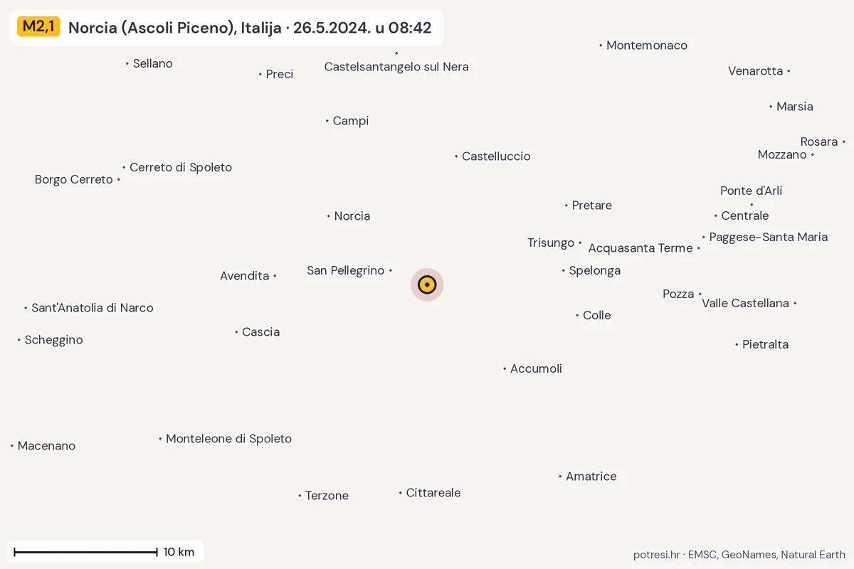 Karta: okolica epicentra, 60 km, potres M2,1, Norcia (Ascoli Piceno), Italija, 26.5.2024.