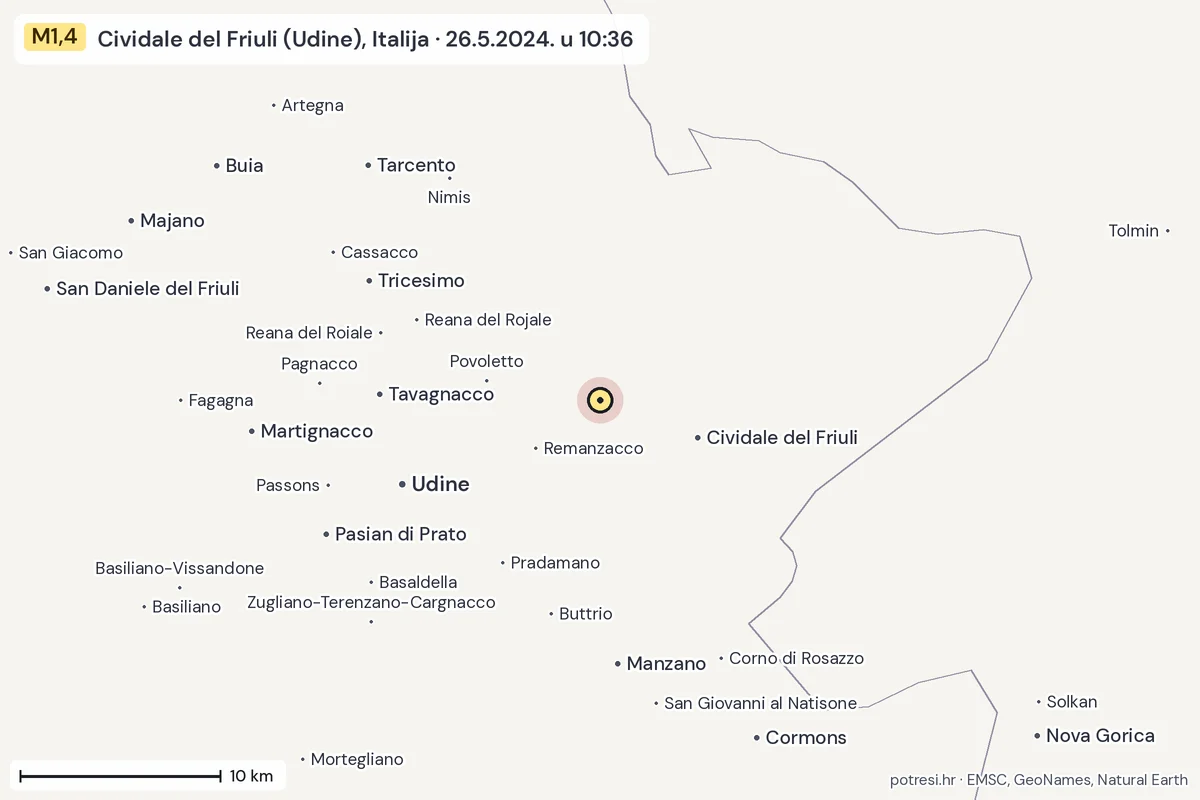 Karta: okolica epicentra, 60 km, potres M1,4, Cividale del Friuli (Udine), Italija, 26.5.2024.