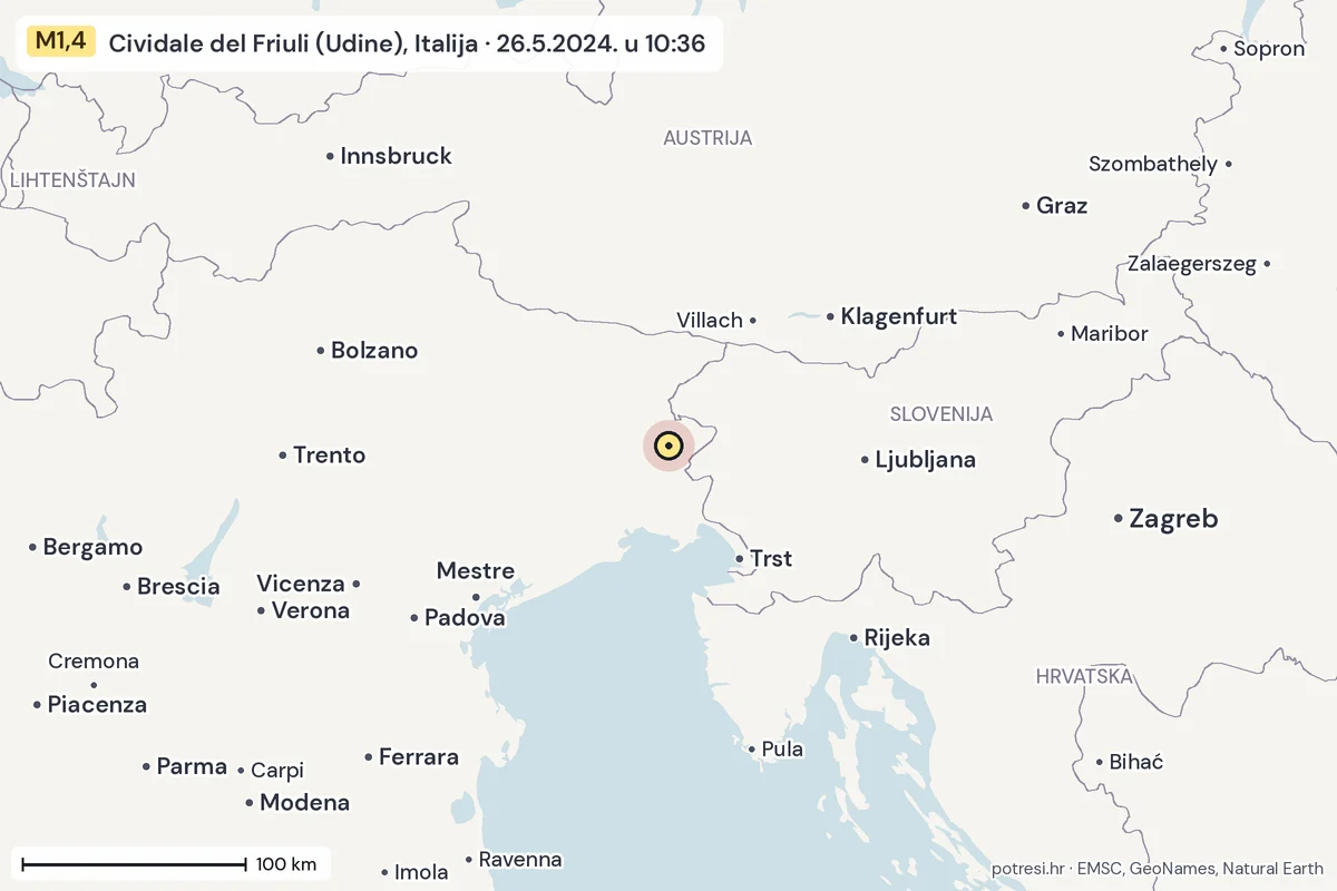 Karta: šire područje, 600 km, potres M1,4, Cividale del Friuli (Udine), Italija, 26.5.2024.