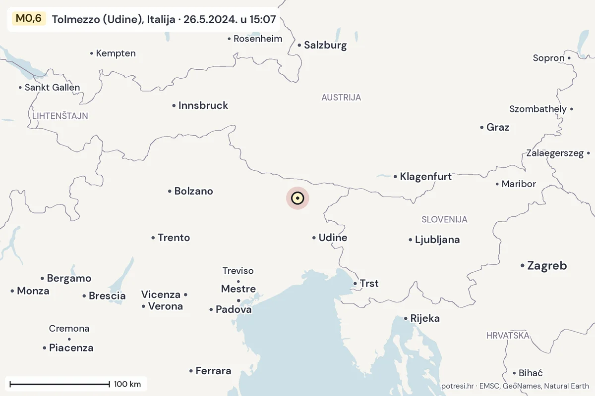Karta: šire područje, 600 km, potres M0,6, Tolmezzo (Udine), Italija, 26.5.2024.
