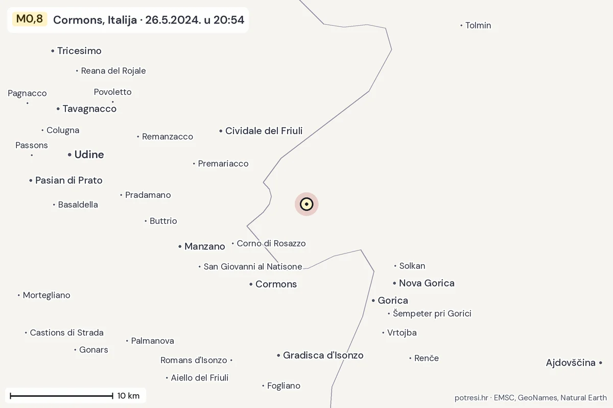 Karta: okolica epicentra, 60 km, potres M0,8, Cormons, Italija, 26.5.2024.