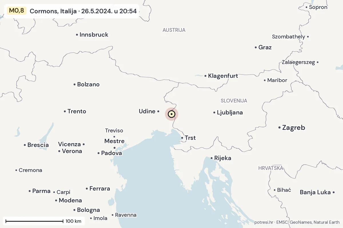 Karta: šire područje, 600 km, potres M0,8, Cormons, Italija, 26.5.2024.