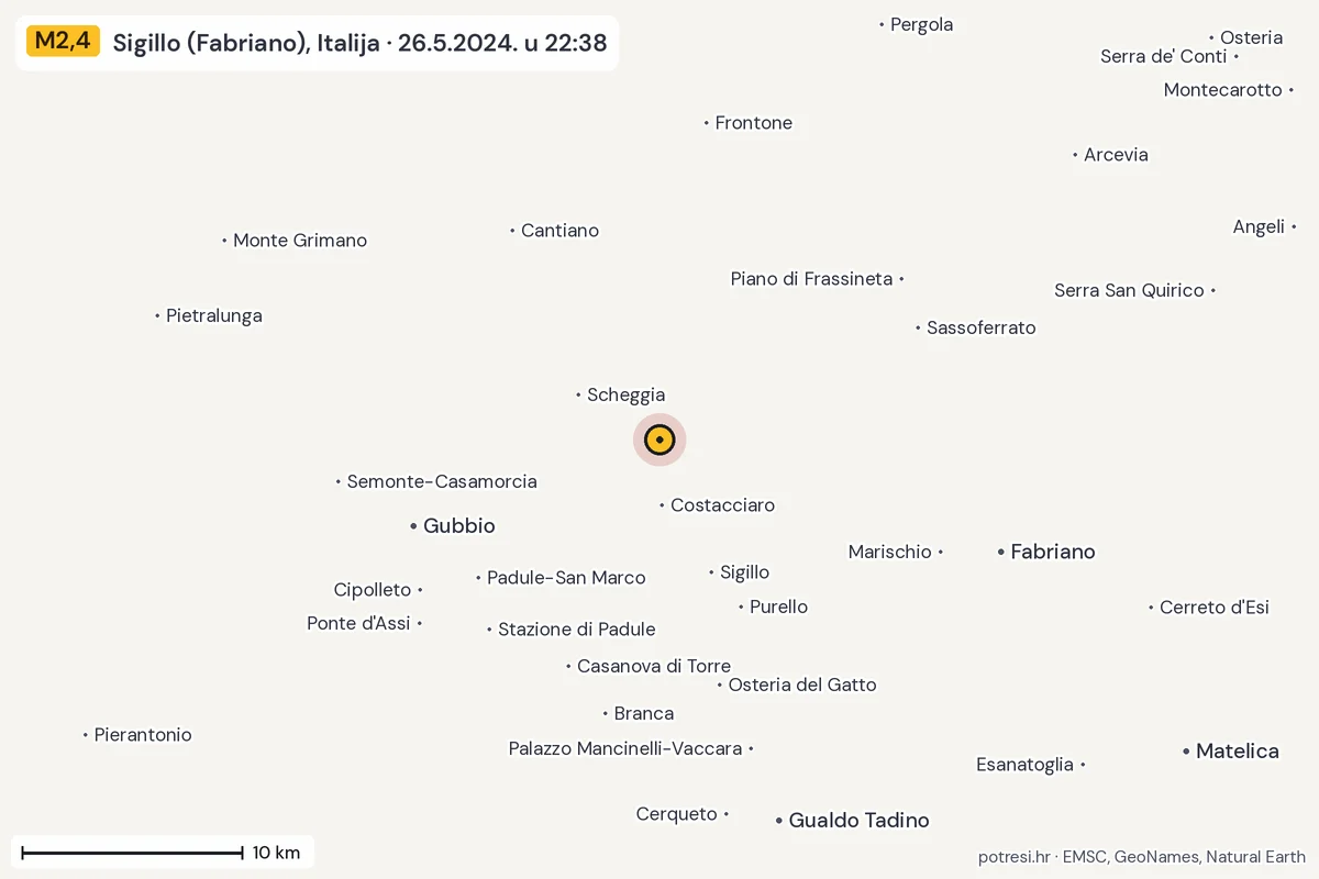 Karta: okolica epicentra, 60 km, potres M2,4, Sigillo (Fabriano), Italija, 26.5.2024.