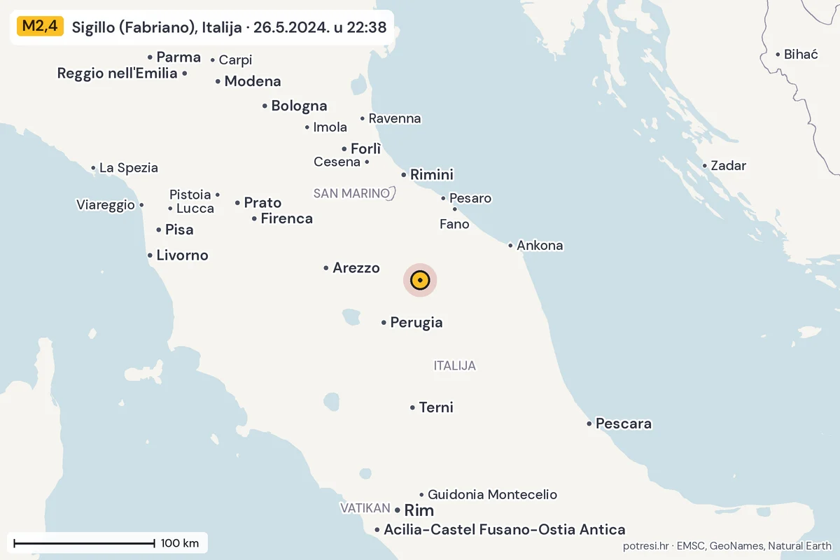 Karta: šire područje, 600 km, potres M2,4, Sigillo (Fabriano), Italija, 26.5.2024.