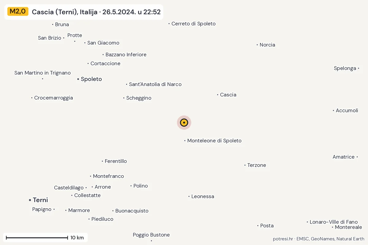 Karta: okolica epicentra, 60 km, potres M2,0, Cascia (Terni), Italija, 26.5.2024.