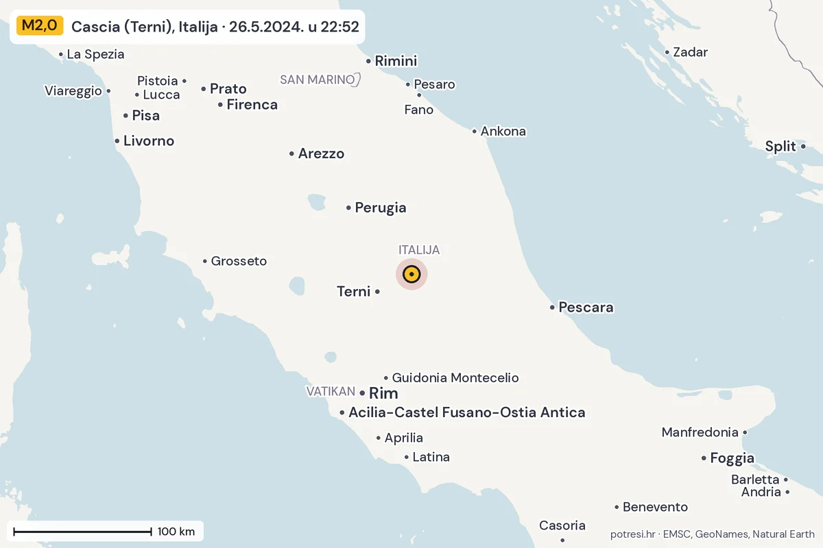 Karta: šire područje, 600 km, potres M2,0, Cascia (Terni), Italija, 26.5.2024.