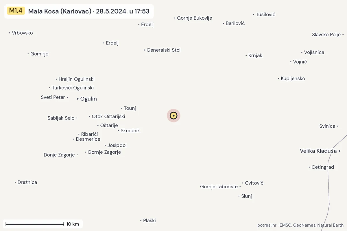 Karta: okolica epicentra, 60 km, potres M1,4, Mala Kosa (Karlovac), 28.5.2024.