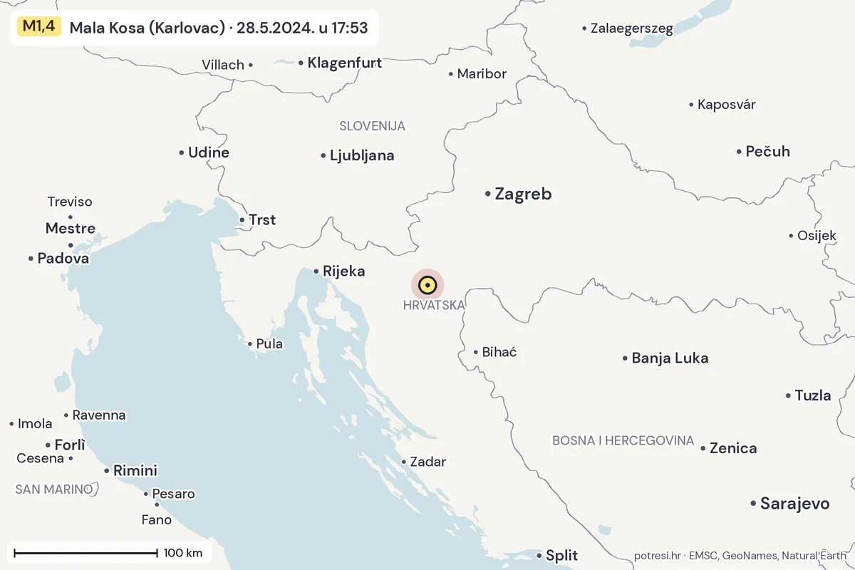 Karta: šire područje, 600 km, potres M1,4, Mala Kosa (Karlovac), 28.5.2024.