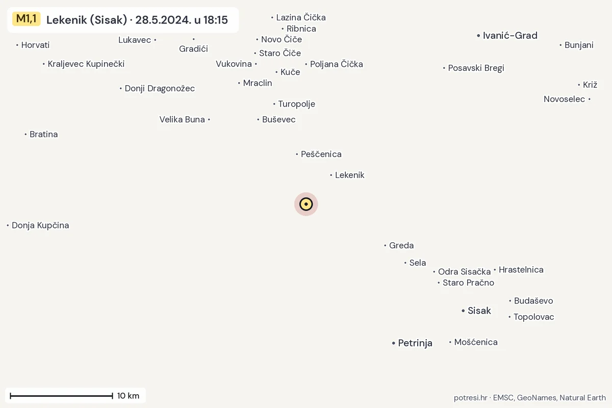 Karta: okolica epicentra, 60 km, potres M1,1, Lekenik (Sisak), 28.5.2024.