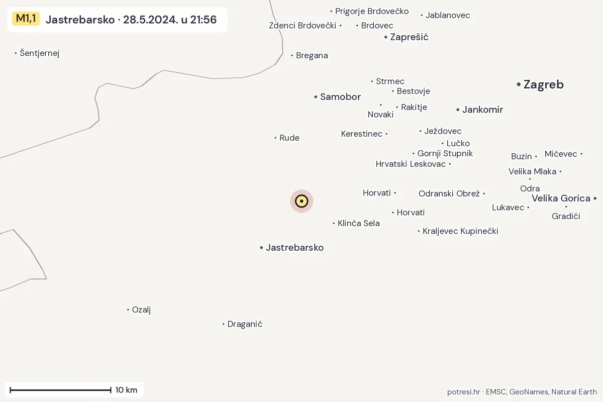 Karta: okolica epicentra, 60 km, potres M1,1, Jastrebarsko, 28.5.2024.